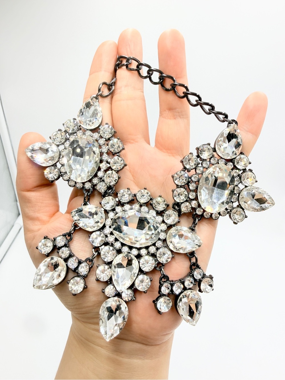 Gunmetal Tone Clear Rhinestone Statement Bib Necklace